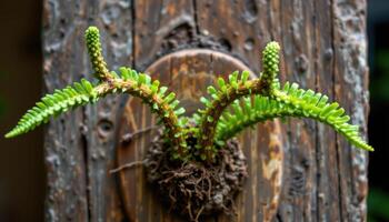 close up view of a staghorn fern mounted on wood with antler shaped fronds stretching outward from the base photo