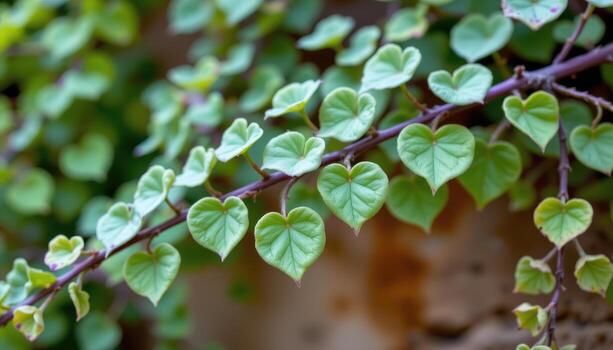 close up view of a string of hearts vine with delicate, heart shaped leaves in silver and green on purple trailing stems photo