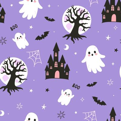 Halloween seamless pattern with ghosts on a purple background. graphics.