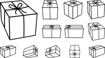 Simple Rectangular and Square Gift Box Set. Christmas, Birthday and New Year Present, in line art style. Present Box with Rope Tie. vector