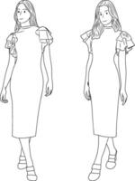 Women in Casual Dresses, walking poses in Line Art Style. vector