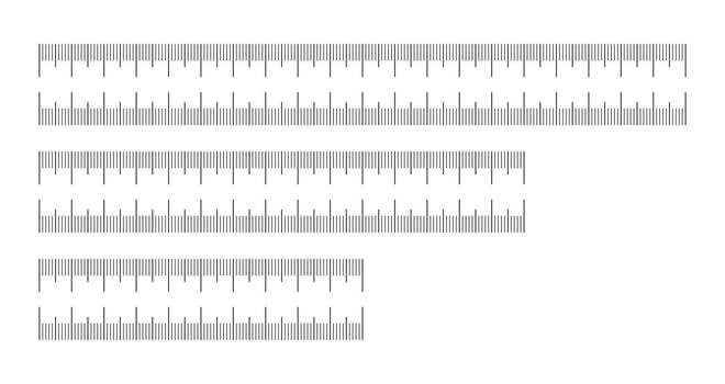 Measuring charts with 10,15, 20 centimeters. Length measurement math, distance, height, simple sewing tools. Set of templates rulers scale without numbers. vector