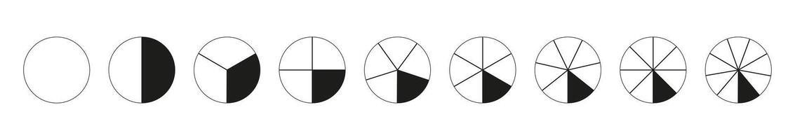 Circle division on from 1 to 9 equal parts. Round divided diagrams with from one to nine segments. Coaching blank. Infographic set of pizza, pie charts. Segmented pinwheel. Outline graphics icons. vector