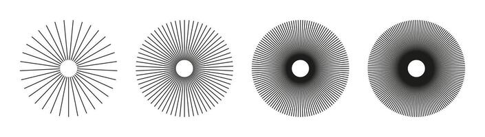 Radial circle lines. Symbol of Sun star rays. Circular lines elements. Set of flat design elements. Spokes with radiating stripes collection. Abstract geometric shapes patterns. vector