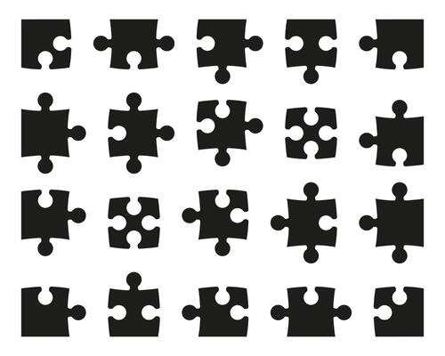 Set of black pieces puzzle icons. Jigsaw puzzle pieces silhouette template. Jigsaw puzzle sample for concept illustrations. Flat puzzle isolated on white background.