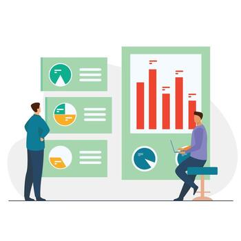 Team Progress Review with Charts and Analytics. Stock Illustration vector