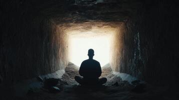 Meditation in a cavernous space during early morning light illuminating the tunnel photo