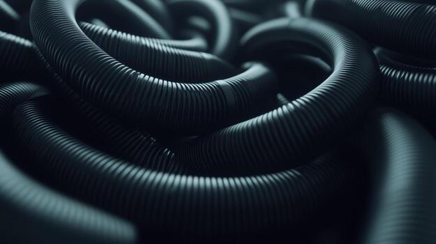 Close-up view of intertwined black hoses creating a textured background in a modern industrial setting photo