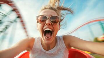 Excitement of a young woman on a roller coaster enjoying a thrilling ride at an amusement park during sunny weather photo