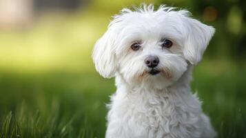 Cute white dog with fluffy fur sitting on green grass in a vibrant garden during sunny daytime photo