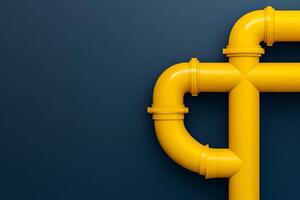 Bright yellow industrial pipes on a dark blue background creating a geometric design commonly seen in plumbing or construction photo