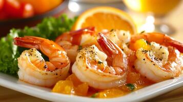 Delicious shrimp dish garnished with fresh herbs served in a cozy restaurant photo