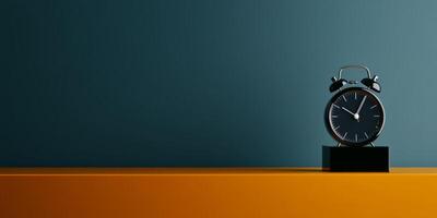 Elegant black alarm clock design on orange shelf against a dark blue background creating a modern minimalist aesthetic in home decor photo