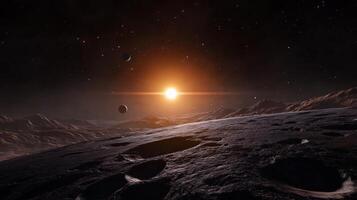 Celestial view from a moon surface with distant planets and a glowing sun on the horizon during twilight photo