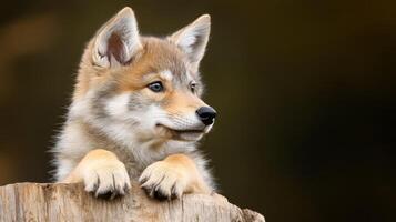 Captivating wolf pup gazing curiously from a wooden log in a tranquil setting during golden hour photo