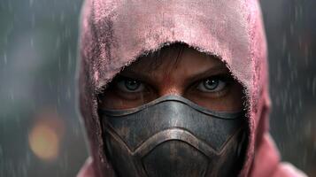 Mysterious hooded figure with mask looking intently in a rainy urban environment photo