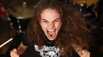 Emotional girl expresses excitement and energy while performing in a music studio surrounded by drums photo