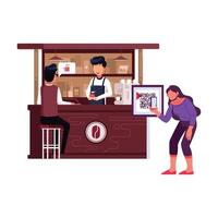 Customer using QR code at coffee shop vector