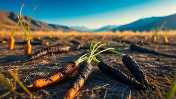 Harvested Carrots Scattered on Field with Distant Mountain View photo