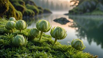Green Rosette Succulents Growing on Mossy Bank Near a Foggy Lake photo