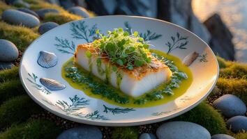 Fish Fillet Dish Served on Decorative Plate with Coastal Ambiance photo