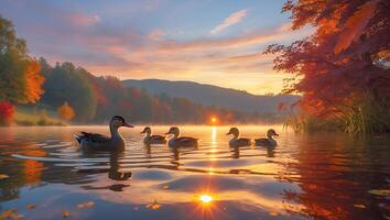 Ducks Swim Lake During Autumn Sunrise with Colorful Reflections photo