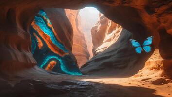 Canyon Passage with Blue Butterfly and Colorful Rock Formation photo
