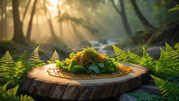 Salad with Fresh Greens on Wood Slice in Golden Forest photo