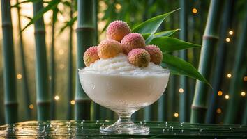 Lychee Fruit Dessert in Glass with Bamboo Background Ambiance photo