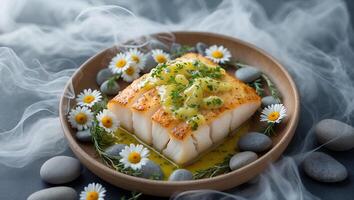 Serving Grilled Fish Fillet with Sauce and Flowers on Wooden Plate photo
