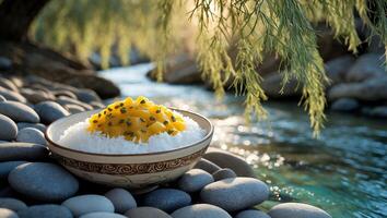 Bowl of Rice with Fruit Topping Beside Flowing River Landscape photo