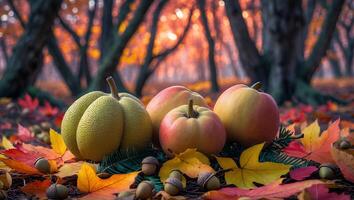 Fall Harvest Display of Fruit and Acorns in Forest Scene photo