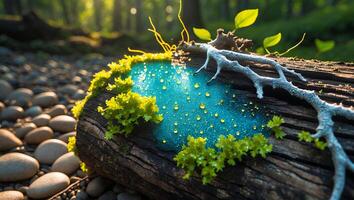 Mossy Log with Blue Sap and Droplets in Natural Forest Setting photo
