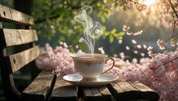 Steaming Tea Cup on Wooden Bench Surrounded by Cherry Blossoms photo