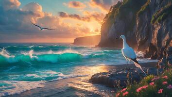 Bird Watching Ocean Waves at Sunset Over the Cliff Side photo