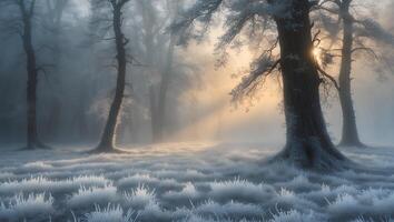 Mystical Winter Forest with Fog and Sun Rays Shining Through Trees photo