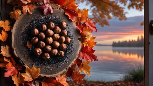 Arrangement of Chestnuts and Maple Leaves with Lake View photo
