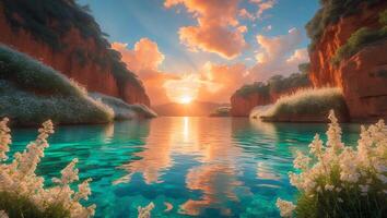 Reflecting Lake Scene with Mountain Cliffs and Colorful Sunset View photo