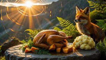 Roasted Chicken with Fox in Mountain Setting with Ferns at Sunset photo