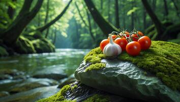 Tomatoes and Garlic on Mossy Rock by River in Forest Scene photo