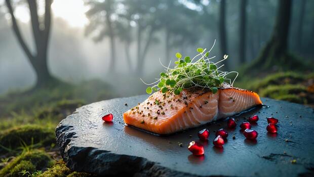 Grilled Salmon with Sprouts and Pomegranate Seeds in Foggy Forest photo