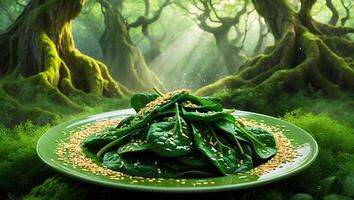 Spinach Salad with Sesame Seeds on Plate in Fantasy Forest photo
