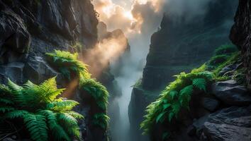Exploring Foggy Canyon with Green Ferns on Rocky Cliffsides photo
