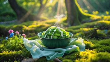 Serving Fresh Green Salad Outdoors in Forest Sunlight photo