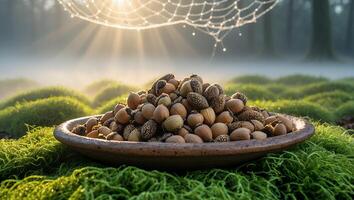 Gathered Acorns in Rustic Bowl on Mossy Ground in Forest Light photo