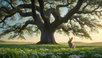 Rabbit Under Large Spreading Tree on Grassy Field with Flowers photo