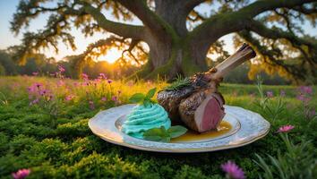 Serving Steak Dish with Mint Puree on Plate Outdoor Setting photo
