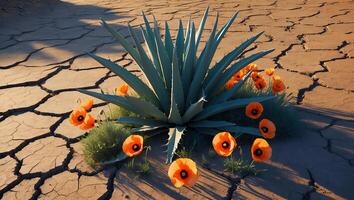 Agave Plant with Poppies in a Dry Cracked Earth Landscape photo