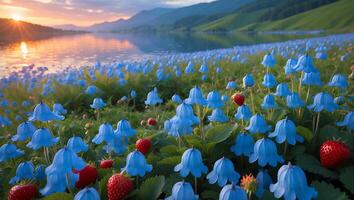 Blooming Bellflowers and Strawberries by Lake at Sunset Scenery photo