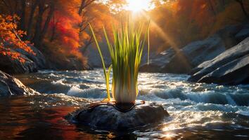 Grasses Grow on Rock in River with Autumn Forest Backdrop photo